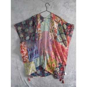 Moss Rose Kimono Cardigan Womens O/S Multicolor Excellent Boho Patchwork Tassel